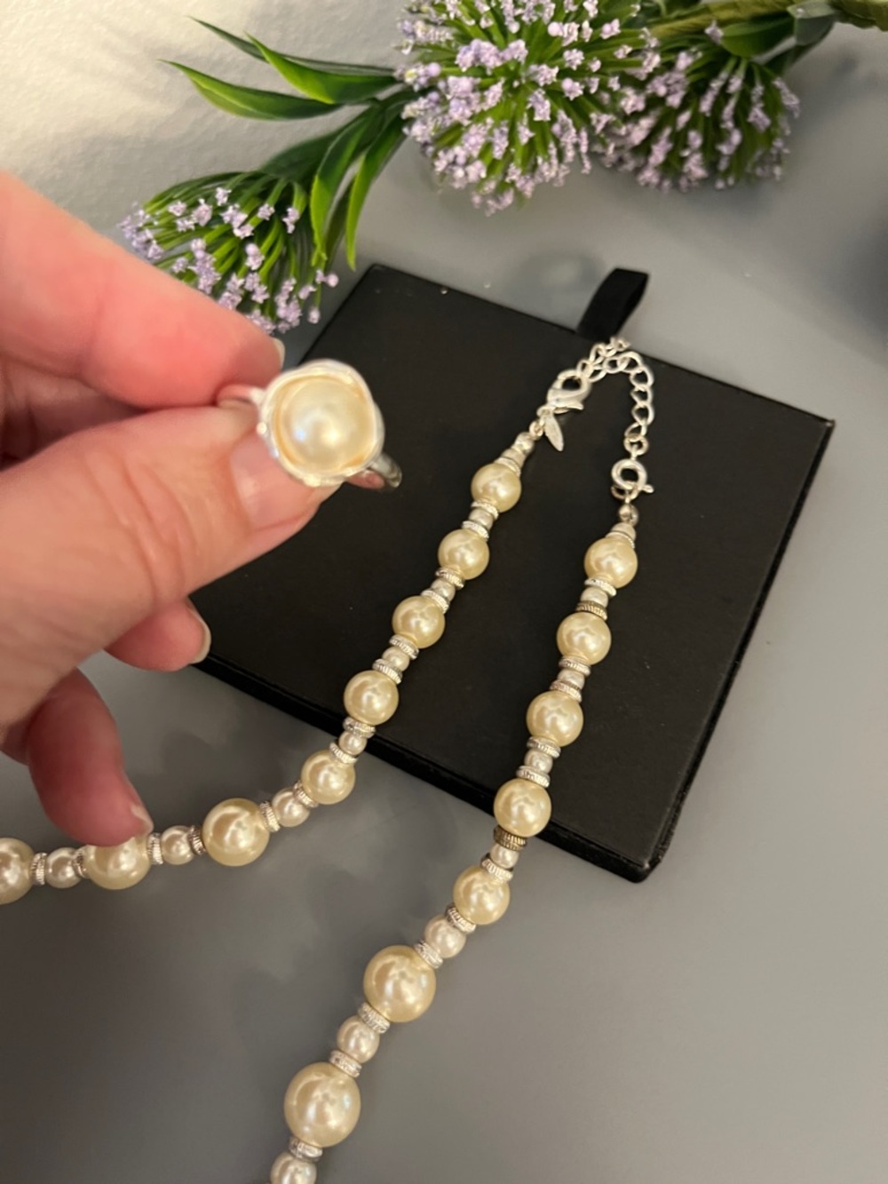 Cream Pearl Bead Necklace with Matching Ring - Classic Pearl Set